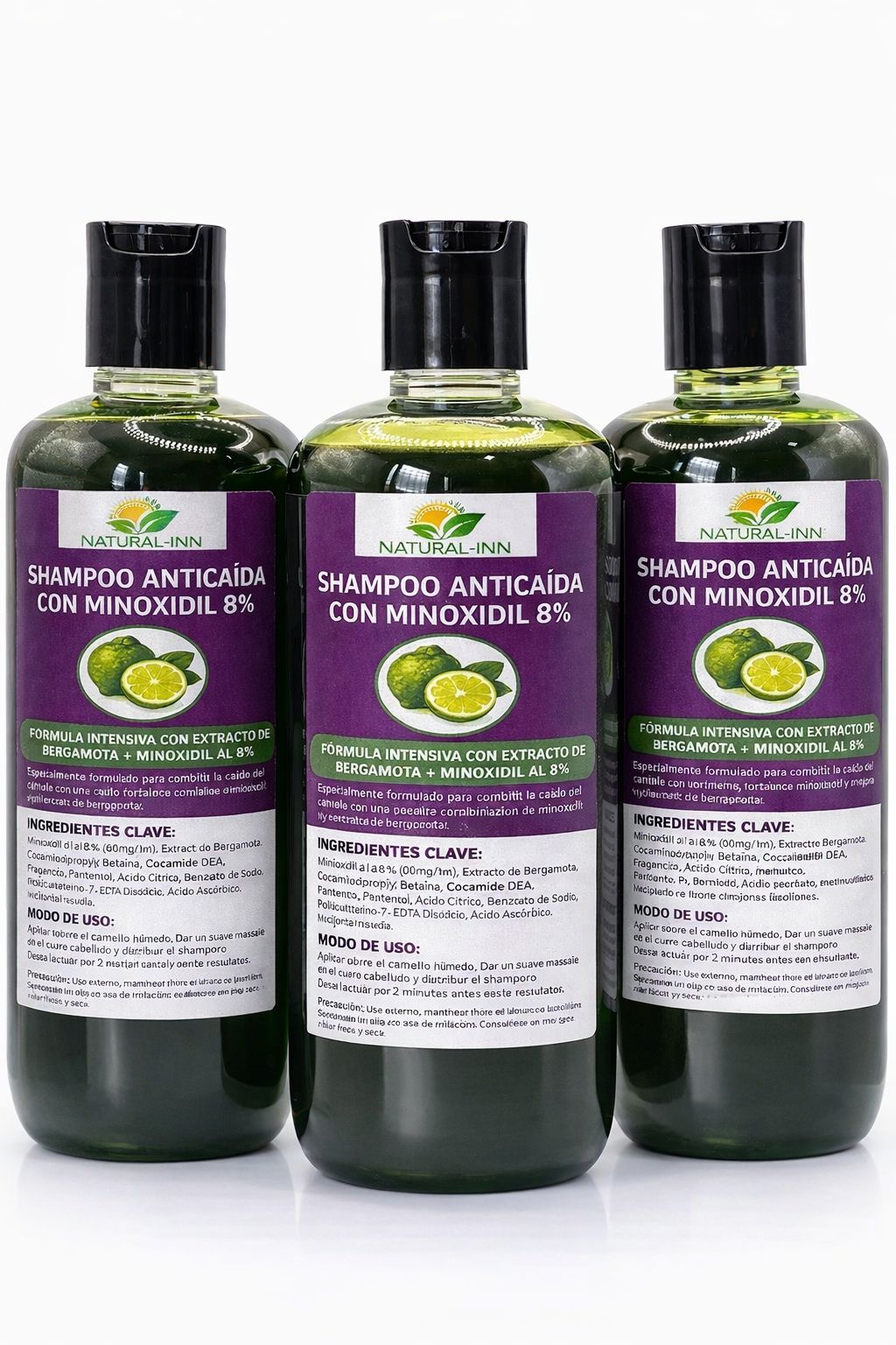 Shampoo anticaída bergamota con minoxidil 8% (3PACK)