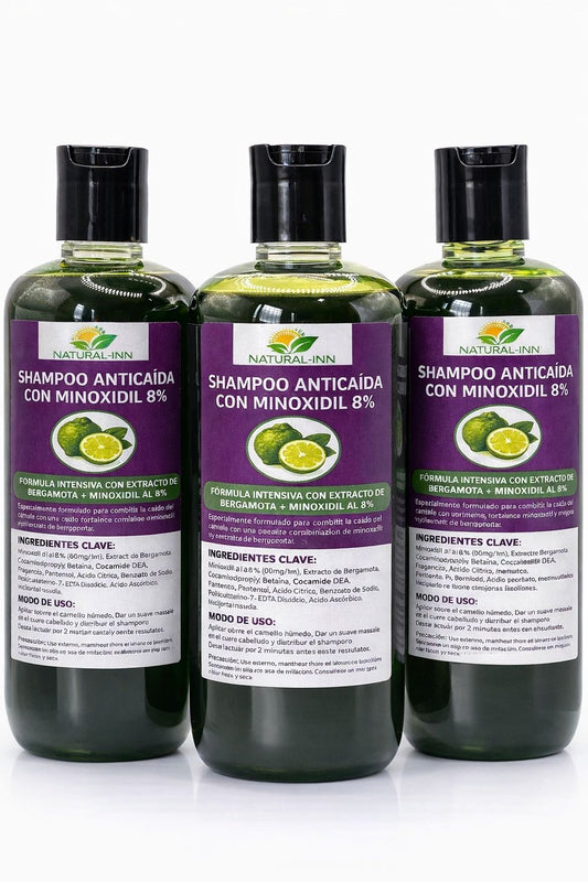 Shampoo anticaída bergamota con minoxidil 8% (3PACK)